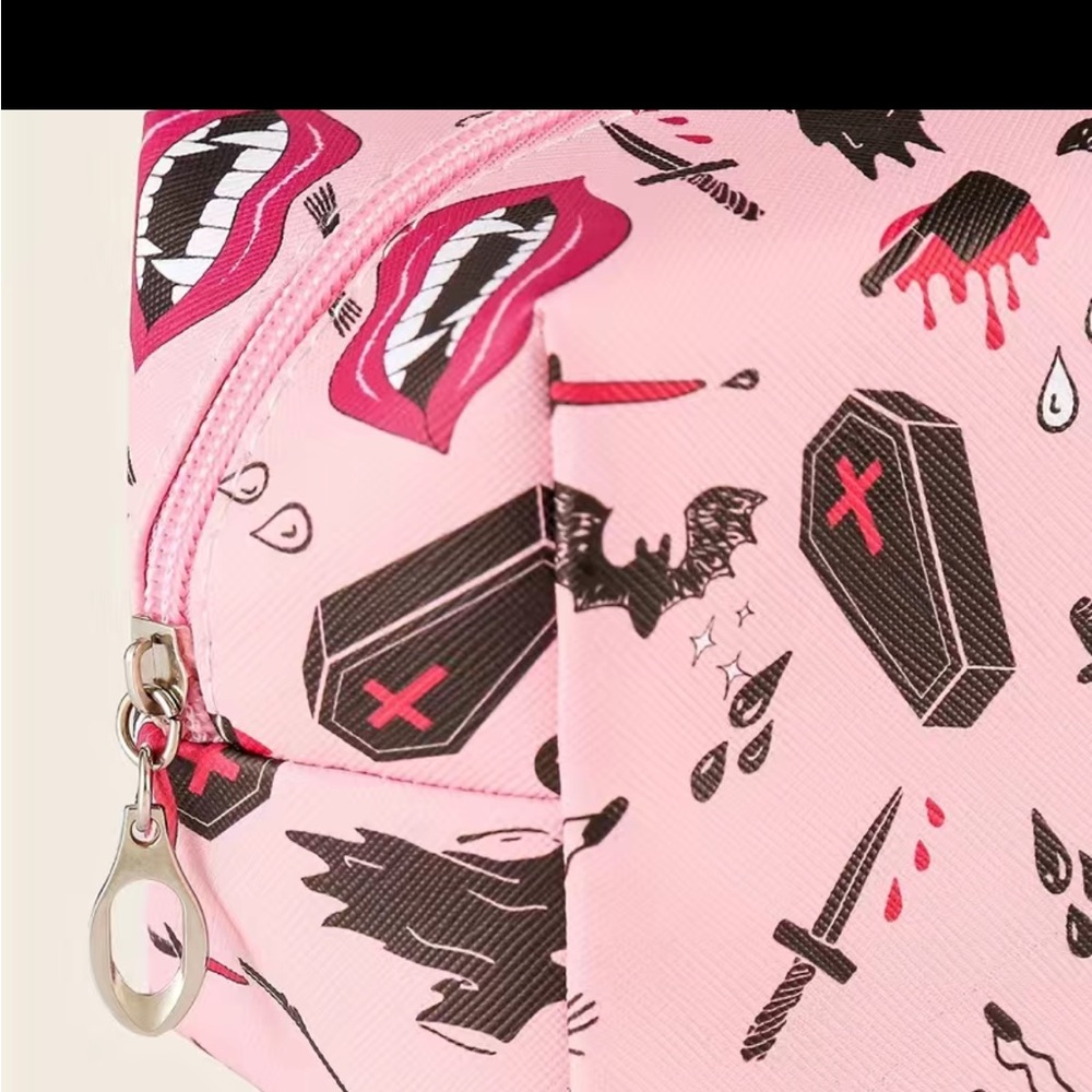 Halloween Pink Cosmetic Bag Goth Coffin Skeleton Dagger Fangs Ghoul Makeup - Picture 6 of 7